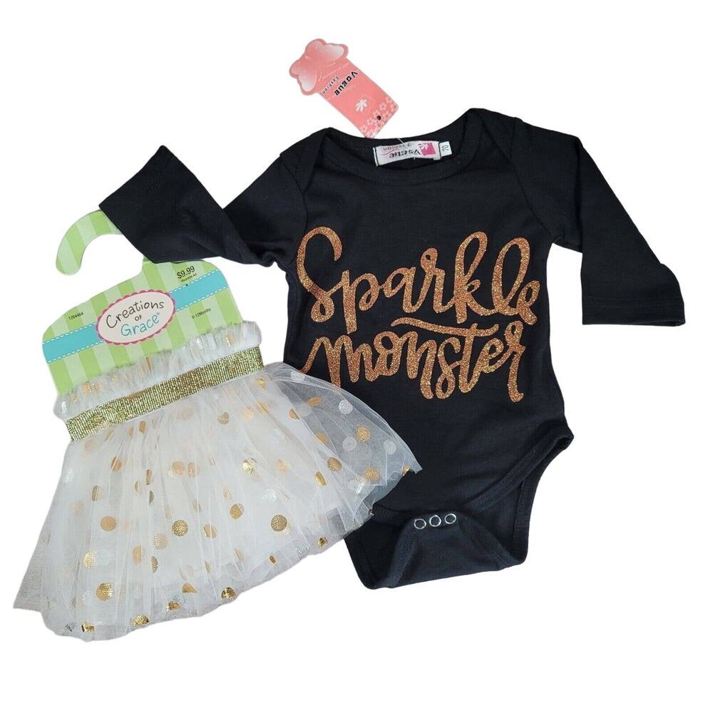 2 pc Baby Outfit 6 mos Sparkle Monster Bodysuit Gold Polka Dot Tulle Skirt NEW